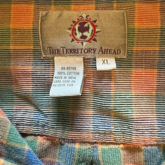 The Territory Ahead Corduroy Button Shirt Plaid size XL Cropped Distressed - Picture 2 of 8